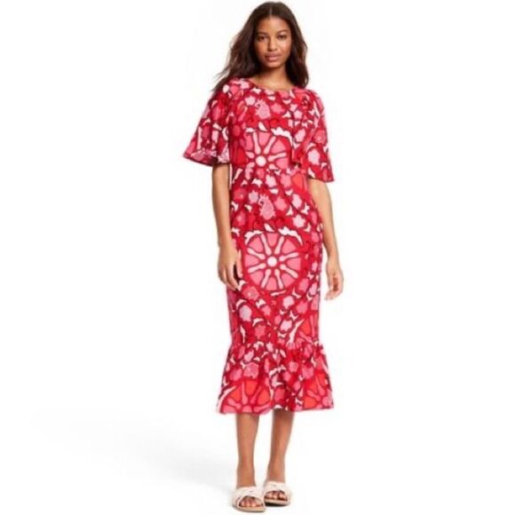 Rhode x Target Midi Dress Red Zinnia Print Boho Bell Sleeve Ruffle Casual Size 8 - Picture 1 of 12